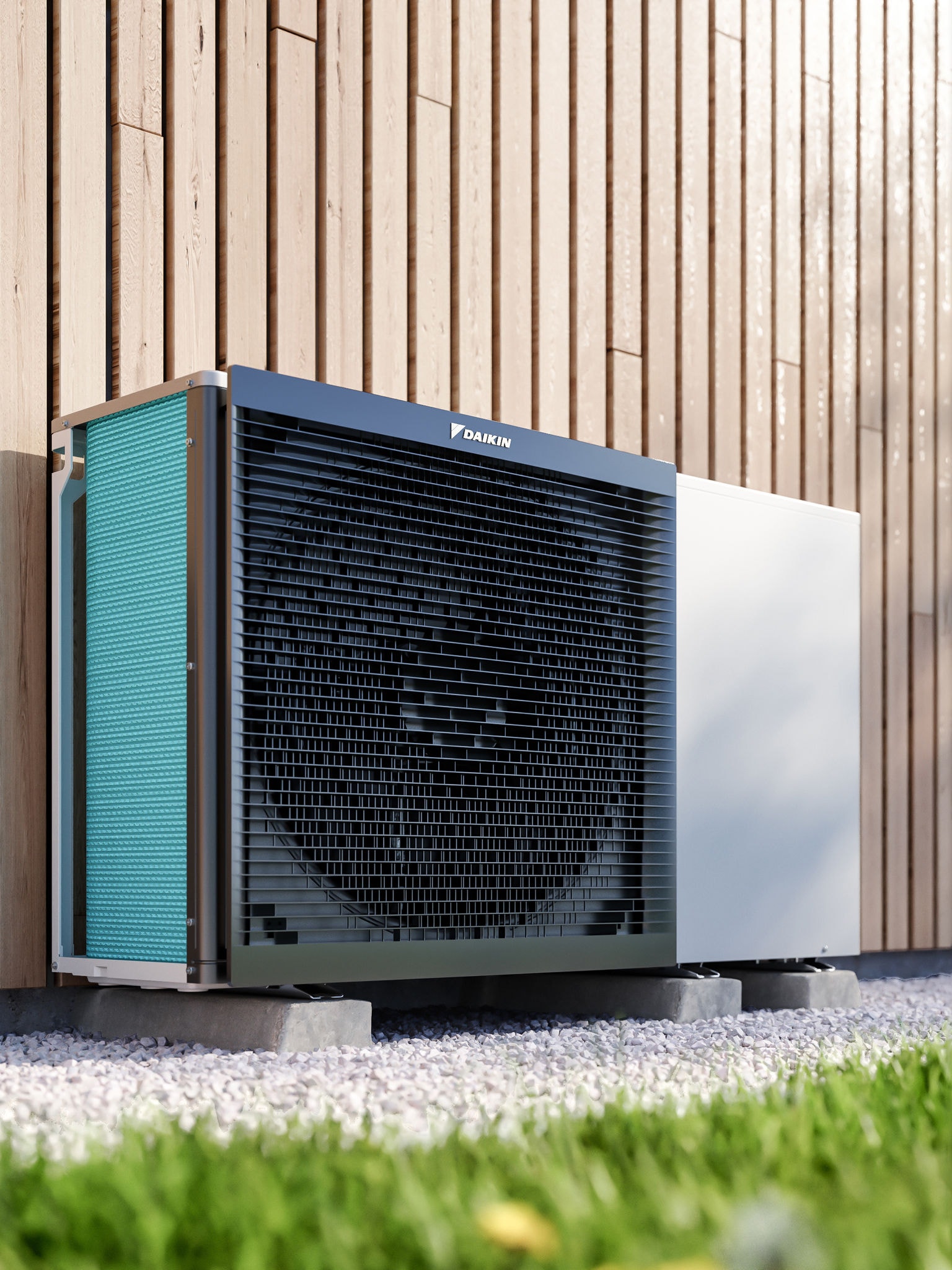 Venkovní jednotka Daikin Altherma umístěná na zahradě