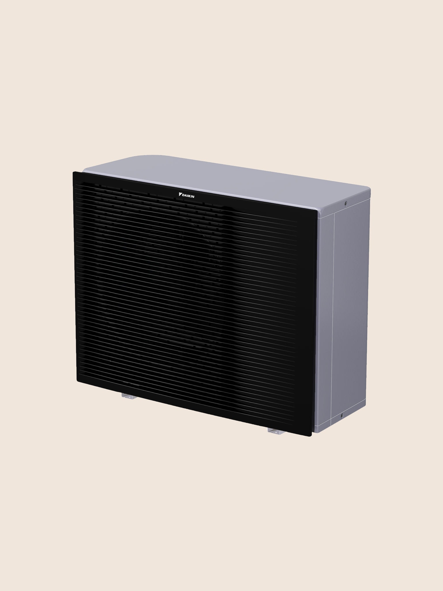 Pohled zepředu zprava na venkovní jednotku Daikin Altherma 3 R MT W, středoteplotního tepelného čerpadla vzduch-voda.