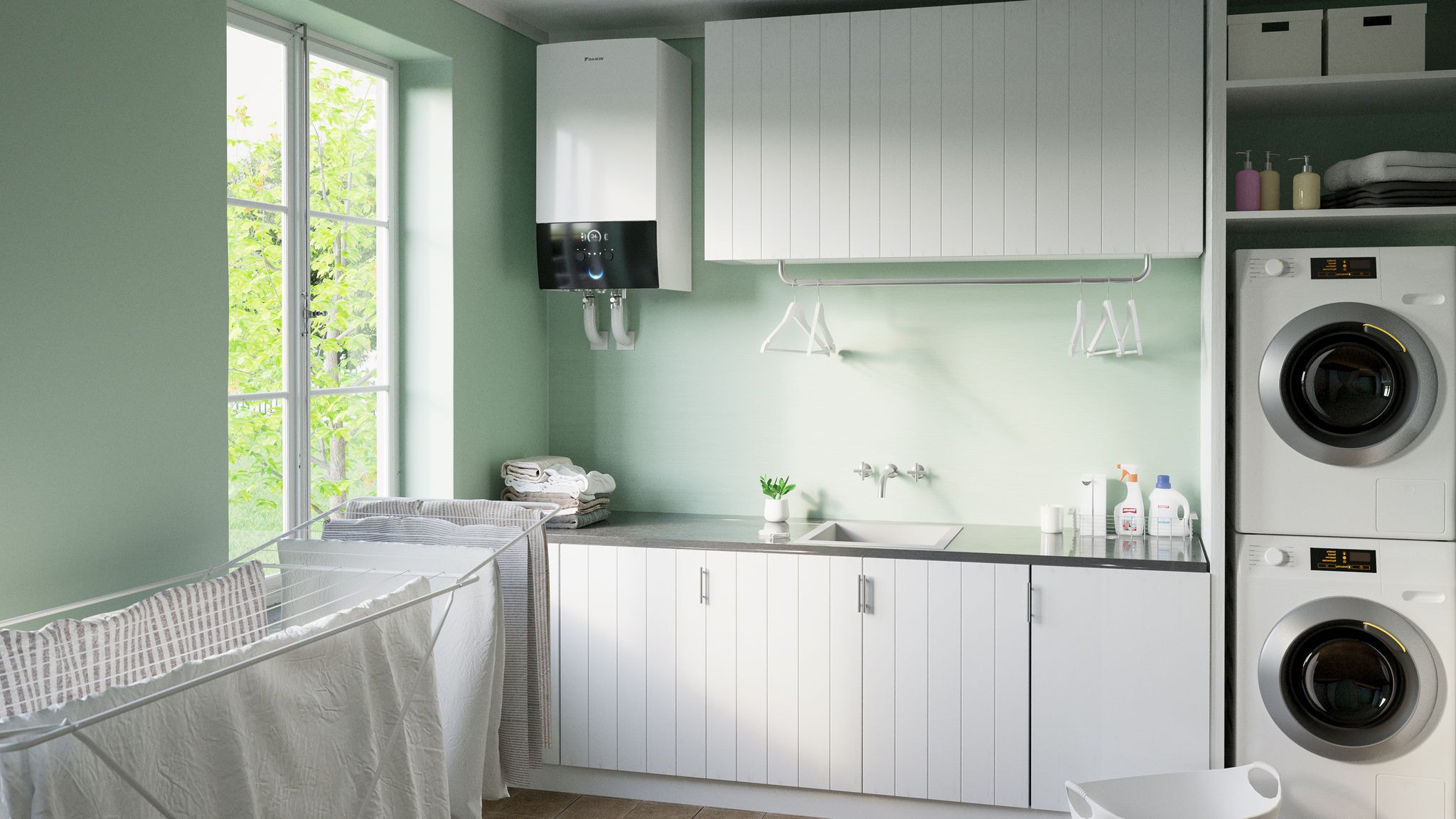 Nástěnná vnitřní jednotka v prádelně
