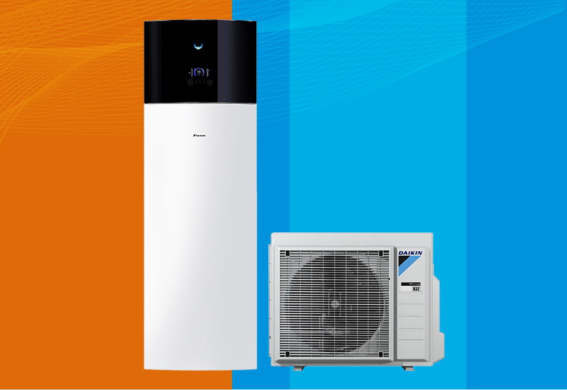Nízkoteplotní tepelné čerpadlo vzduch-voda Daikin Altherma 3 R vnitřní stojící s integrovaným zásobníkem teplé vody a venkovní jednotkou obrázek