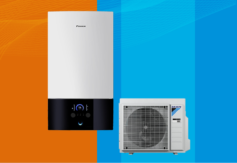 Obrázek nízkoteplotního tepelného čerpadla vzduch-voda Daikin Altherma 3 R W vnitřní nástěnná jednotka a venkovní jednotka