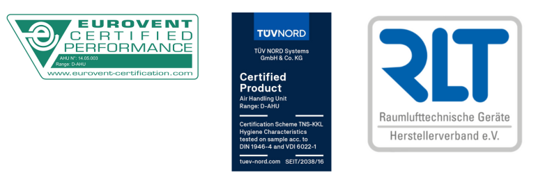 Loga certifikací Daikin AHU pro zajištění kvality